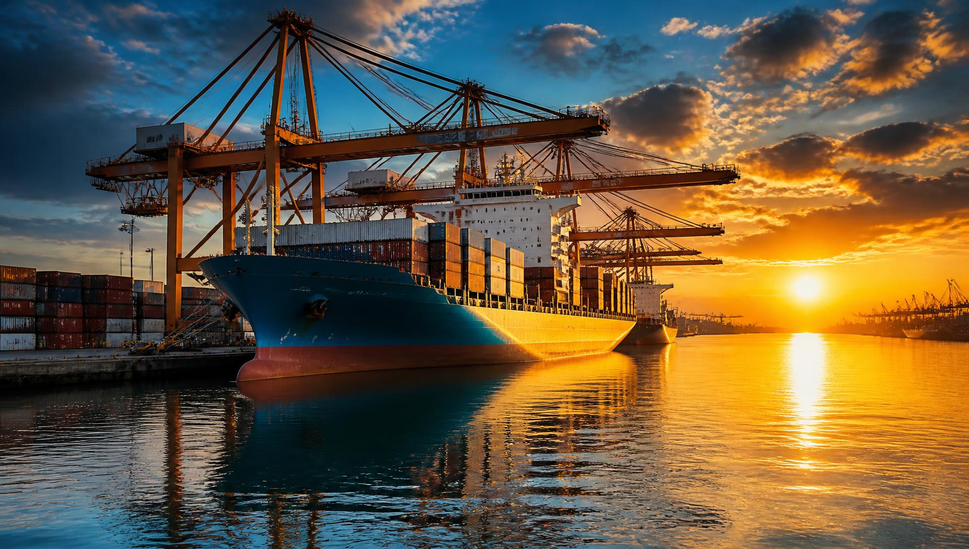 Cargo vessel at port at sunset